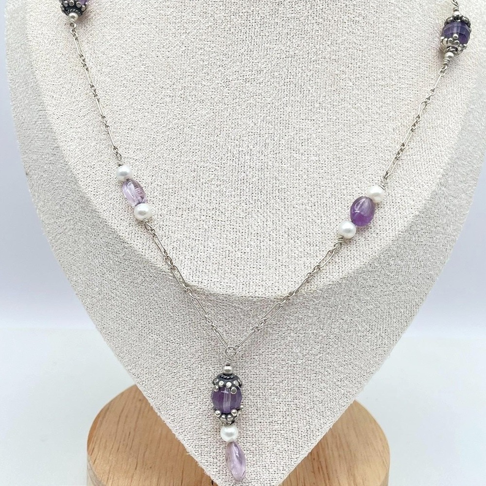 Vintage Silver Tone Purple Amethyst Glass Bead Station Necklace Faux Pearl Boho